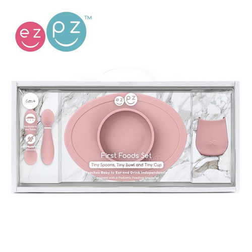 EZPZ Komplet pierwszych naczyń silikonowych First Foods Set pastelowy róż 