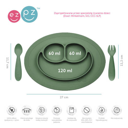 EZPZ Komplet naczyń silikonowych Mini Feeding Set oliwkowy