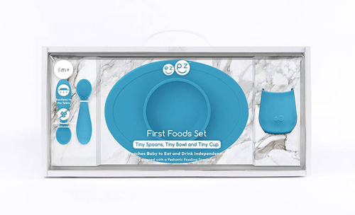 EZPZ Komplet pierwszych naczyń silikonowych First Foods Set niebieski