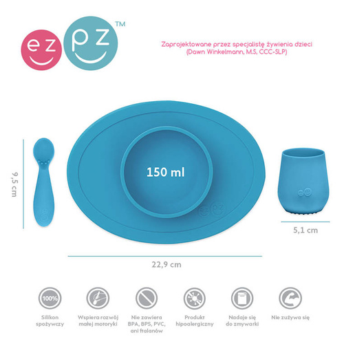 EZPZ Komplet pierwszych naczyń silikonowych First Foods Set niebieski
