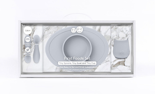 EZPZ Komplet pierwszych naczyń silikonowych First Foods Set pastelowa szarość 