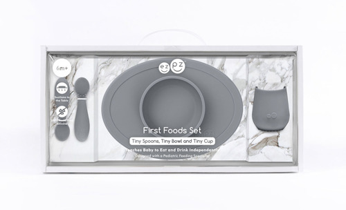EZPZ Komplet pierwszych naczyń silikonowych First Foods Set szary
