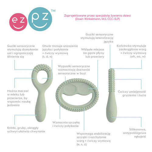 EZPZ Zestaw silikonowych gryzaków sensomotorycznych Oral Development Tools pastelowa zieleń